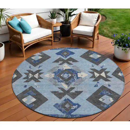 8' Blue Charcoal And Ivory Round Aztec Washable Indoor Outdoor Area Rug Photo 2