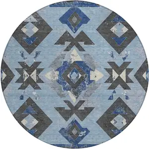 Photo of 8' Blue Charcoal And Ivory Round Aztec Washable Indoor Outdoor Area Rug