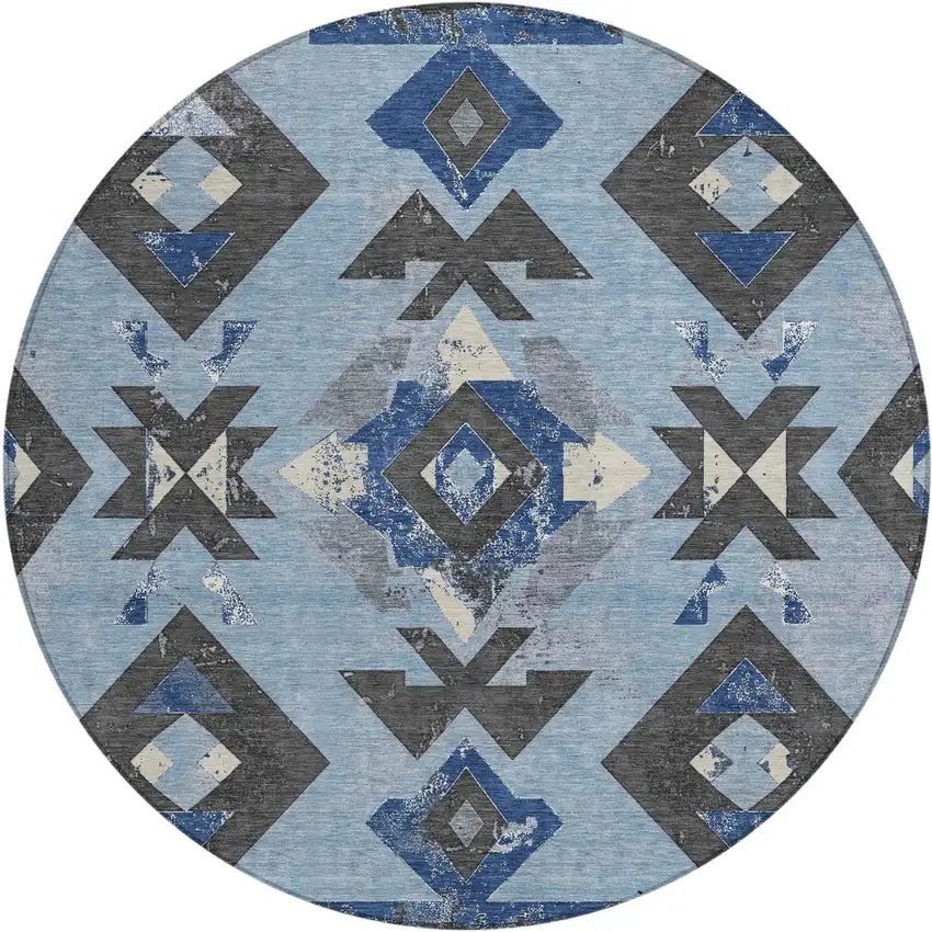 8' Blue Charcoal And Ivory Round Aztec Washable Indoor Outdoor Area Rug Photo 1