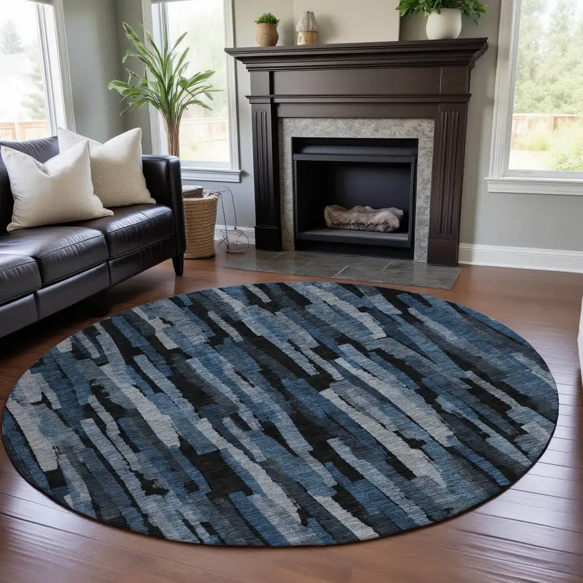 8' Blue Charcoal And Silver Striped Washable Round Rug With UV Protection Photo 4