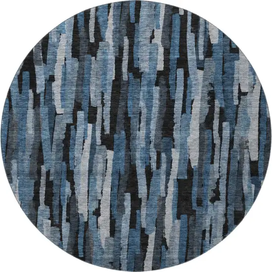 8' Blue Charcoal And Silver Striped Washable Round Rug With UV Protection Photo 3