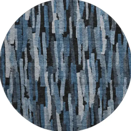 8' Blue Charcoal And Silver Striped Washable Round Rug With UV Protection Photo 2