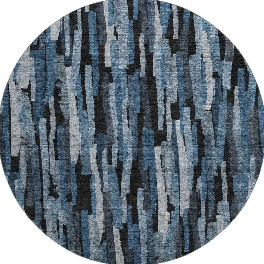 8' Blue Charcoal And Silver Striped Washable Round Rug With UV Protection Photo 2