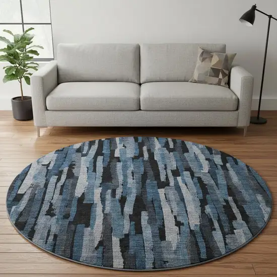 8' Blue Charcoal And Silver Striped Washable Round Rug With UV Protection Photo 2