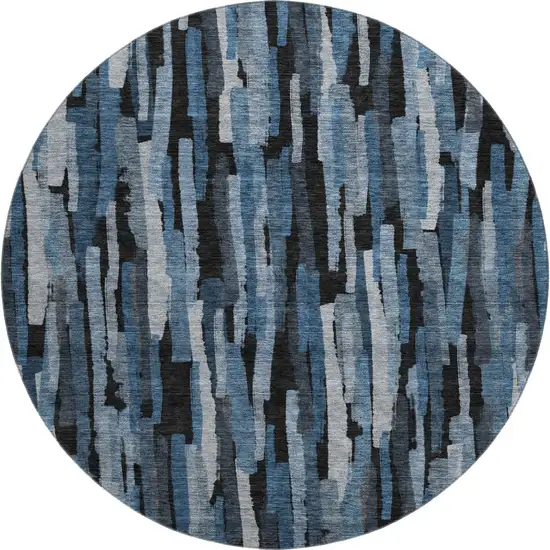 8' Blue Charcoal And Silver Striped Washable Round Rug With UV Protection Photo 1