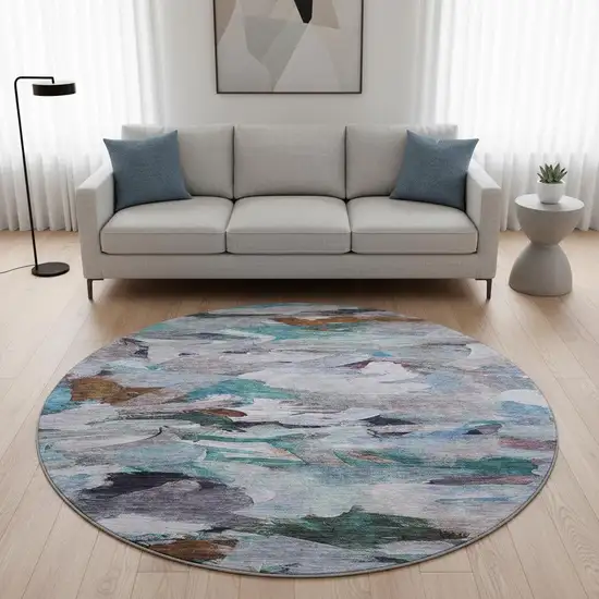 8' Blue Copper And Beige Abstract Washable Round Rug With UV Protection Photo 2