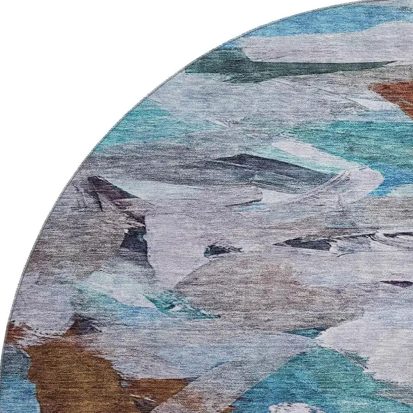 8' Blue Copper And Beige Abstract Washable Round Rug With UV Protection Photo 3