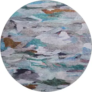 Photo of 8' Blue Copper And Beige Abstract Washable Round Rug With UV Protection
