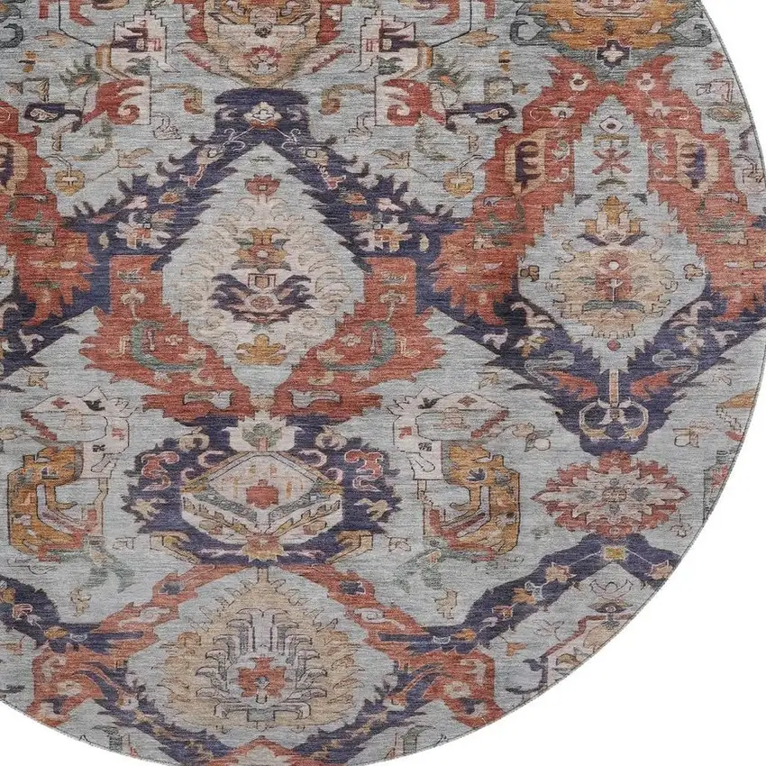 8' Blue Copper And Beige Ikat Washable Round Rug With UV Protection Photo 3