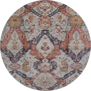 Photo of 8' Blue Copper And Beige Ikat Washable Round Rug With UV Protection