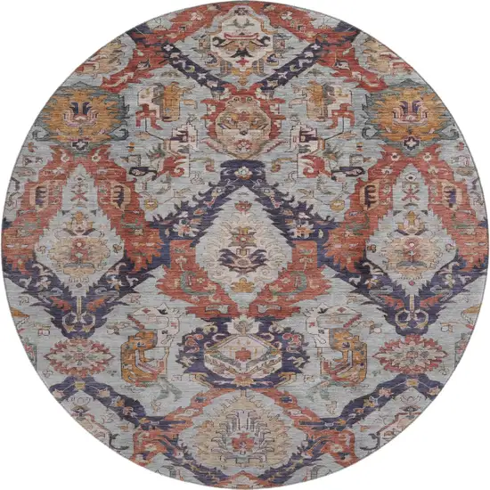 8' Blue Copper And Beige Ikat Washable Round Rug With UV Protection Photo 1