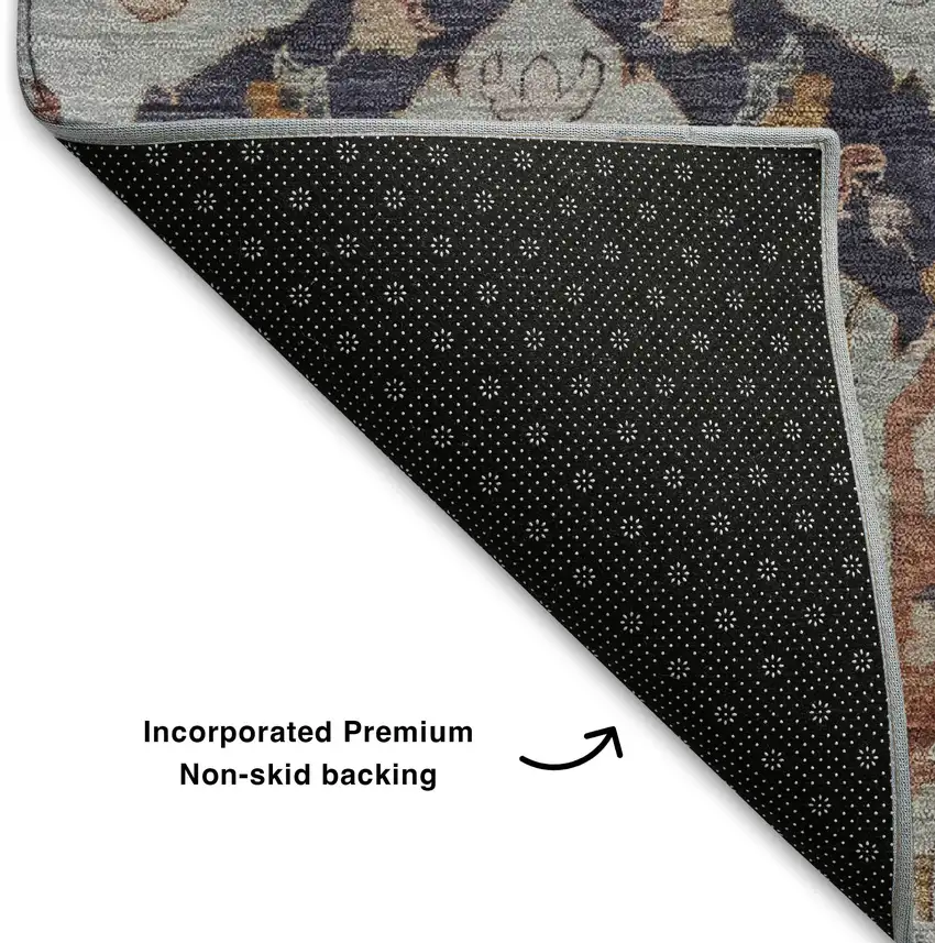 8' Blue Copper And Beige Ikat Washable Round Rug With UV Protection Photo 6