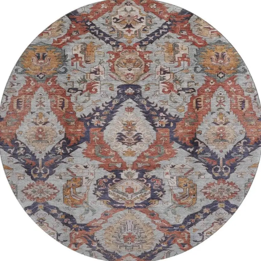 8' Blue Copper And Beige Ikat Washable Round Rug With UV Protection Photo 4