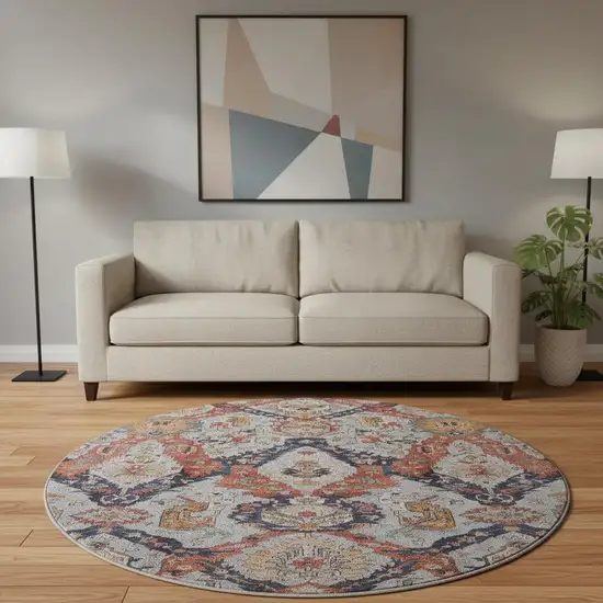 8' Blue Copper And Beige Ikat Washable Round Rug With UV Protection Photo 2