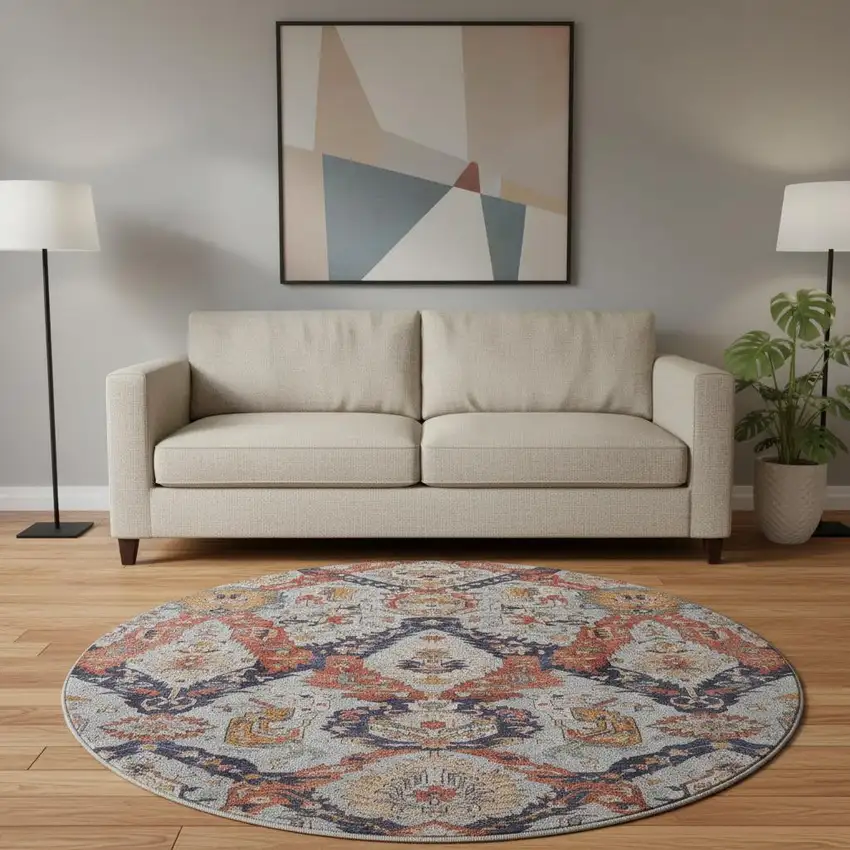 8' Blue Copper And Beige Ikat Washable Round Rug With UV Protection Photo 2