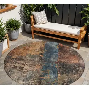 Photo of 8' Blue Copper And Brown Round Abstract Washable Indoor Outdoor Area Rug