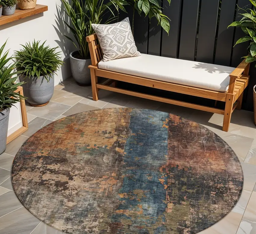 8' Blue Copper And Brown Round Abstract Washable Indoor Outdoor Area Rug Photo 1