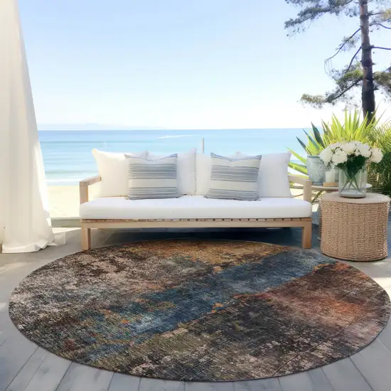 8' Blue Copper And Brown Round Abstract Washable Indoor Outdoor Area Rug Photo 6