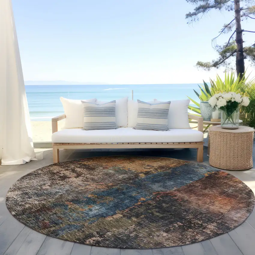 8' Blue Copper And Brown Round Abstract Washable Indoor Outdoor Area Rug Photo 6