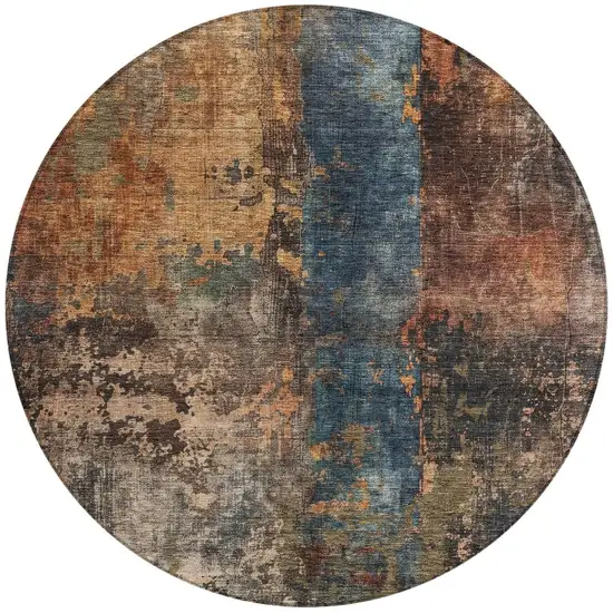 8' Blue Copper And Brown Round Abstract Washable Indoor Outdoor Area Rug Photo 5