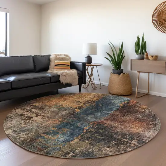 8' Blue Copper And Brown Round Abstract Washable Indoor Outdoor Area Rug Photo 7