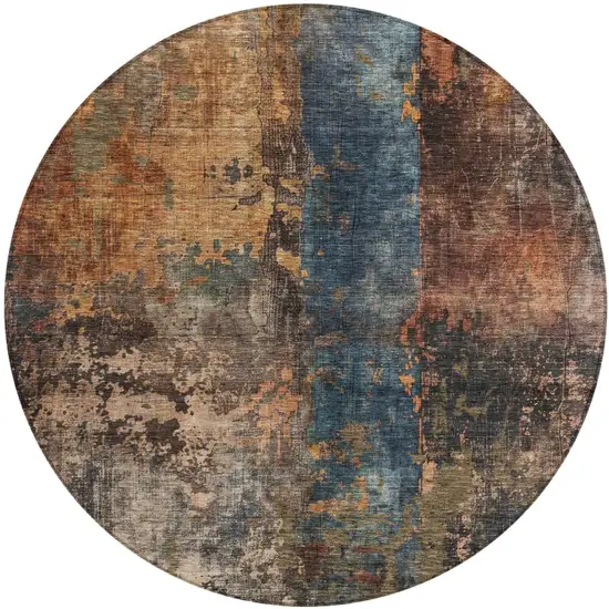 8' Blue Copper And Brown Round Abstract Washable Indoor Outdoor Area Rug Photo 2