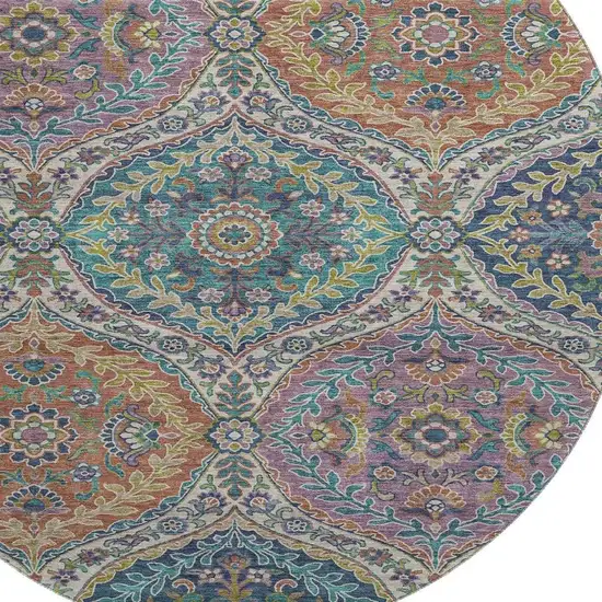8' Blue Copper And Fern Green Floral Washable Round Rug With UV Protection Photo 3