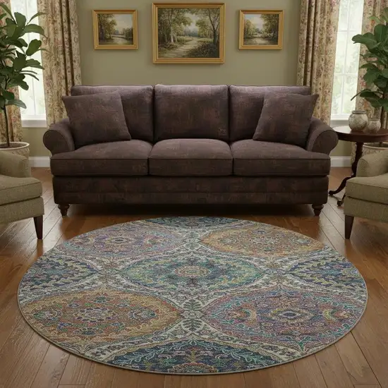 8' Blue Copper And Fern Green Floral Washable Round Rug With UV Protection Photo 2