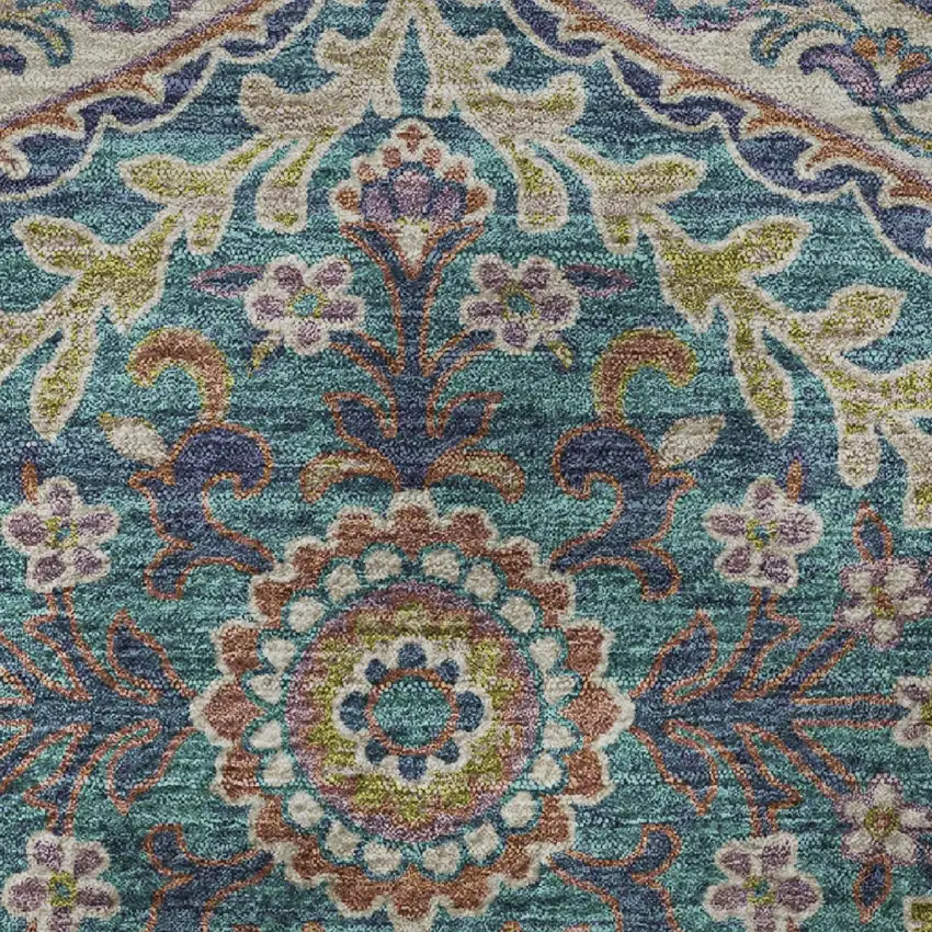 8' Blue Copper And Fern Green Floral Washable Round Rug With UV Protection Photo 9