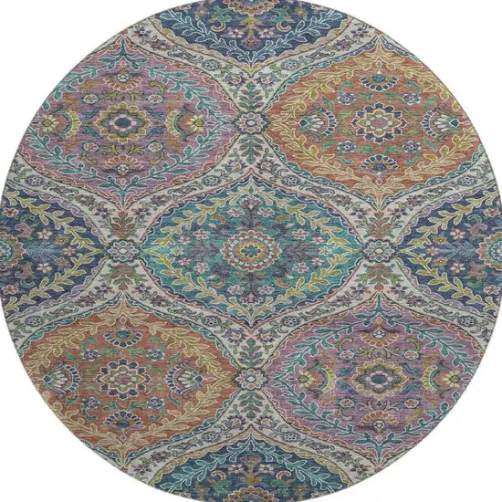 8' Blue Copper And Fern Green Floral Washable Round Rug With UV Protection Photo 4