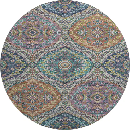 8' Blue Copper And Fern Green Floral Washable Round Rug With UV Protection Photo 1