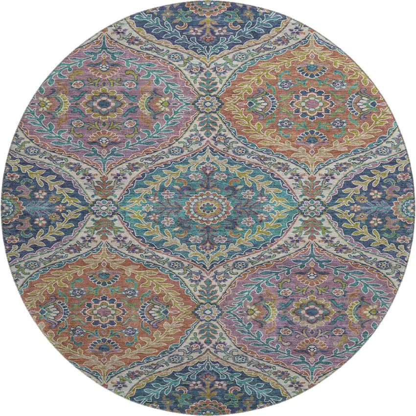 8' Blue Copper And Fern Green Floral Washable Round Rug With UV Protection Photo 1