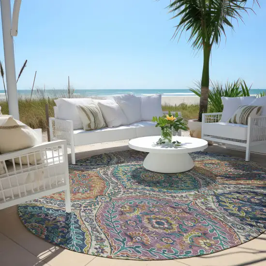 8' Blue Copper And Gold Round Floral Washable Indoor Outdoor Area Rug Photo 5