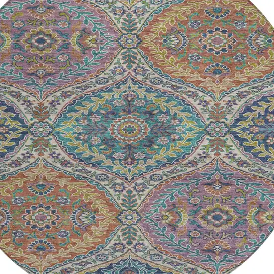 8' Blue Copper And Gold Round Floral Washable Indoor Outdoor Area Rug Photo 9