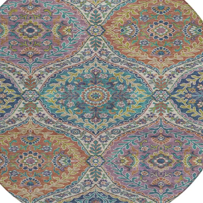 8' Blue Copper And Gold Round Floral Washable Indoor Outdoor Area Rug Photo 9