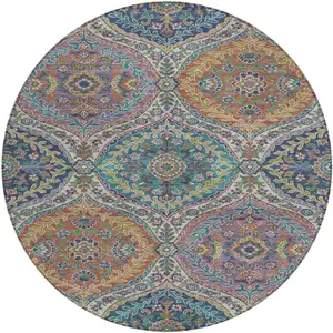 Photo of 8' Blue Copper And Gold Round Floral Washable Indoor Outdoor Area Rug