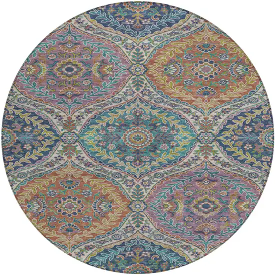 8' Blue Copper And Gold Round Floral Washable Indoor Outdoor Area Rug Photo 1