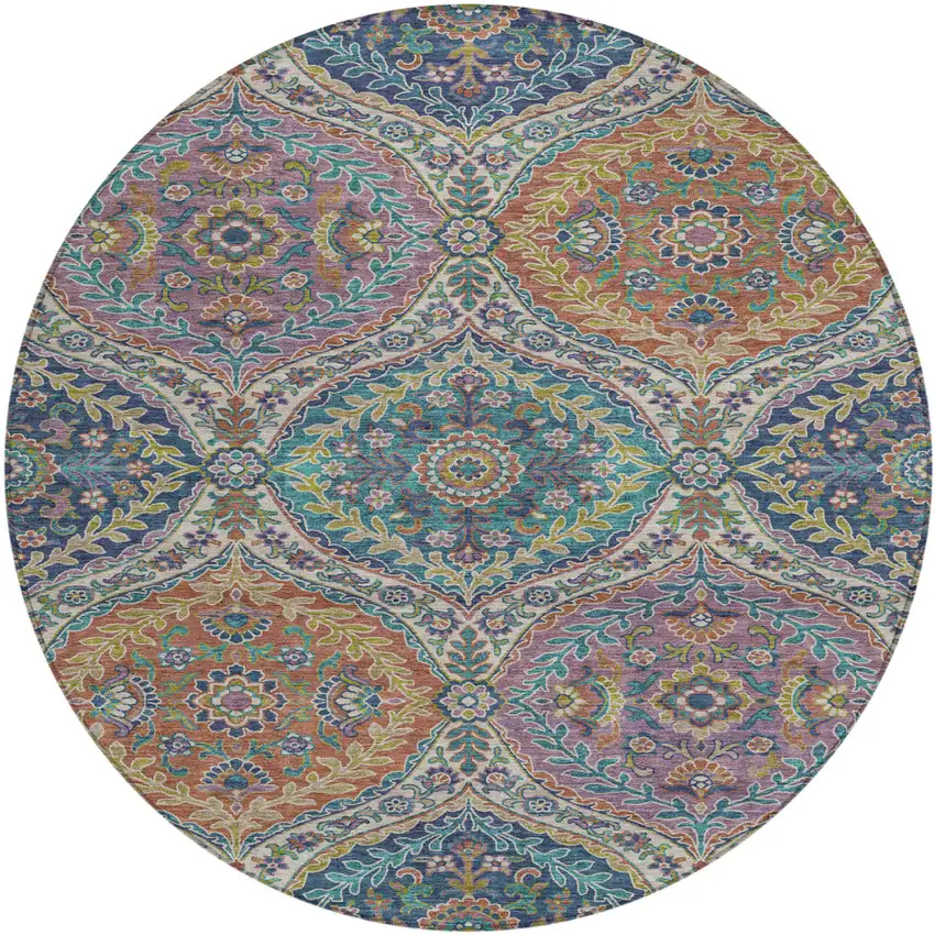 8' Blue Copper And Gold Round Floral Washable Indoor Outdoor Area Rug Photo 1