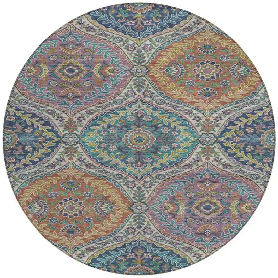 8' Blue Copper And Gold Round Floral Washable Indoor Outdoor Area Rug Photo 3