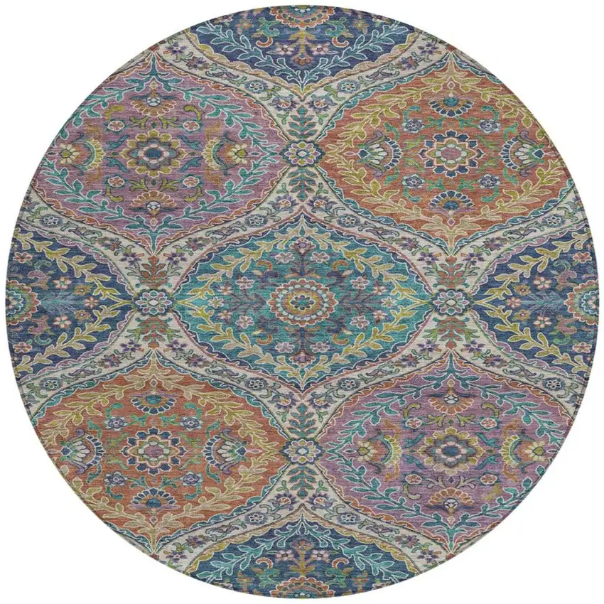 8' Blue Copper And Gold Round Floral Washable Indoor Outdoor Area Rug Photo 3