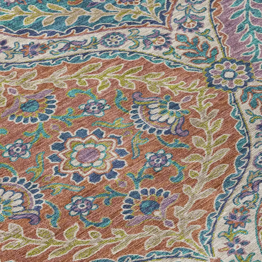 8' Blue Copper And Gold Round Floral Washable Indoor Outdoor Area Rug Photo 8