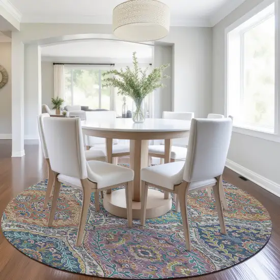 8' Blue Copper And Gold Round Floral Washable Indoor Outdoor Area Rug Photo 6