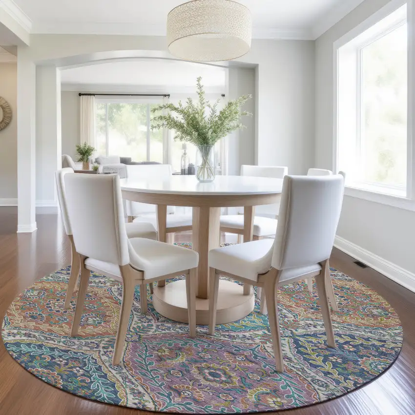 8' Blue Copper And Gold Round Floral Washable Indoor Outdoor Area Rug Photo 6