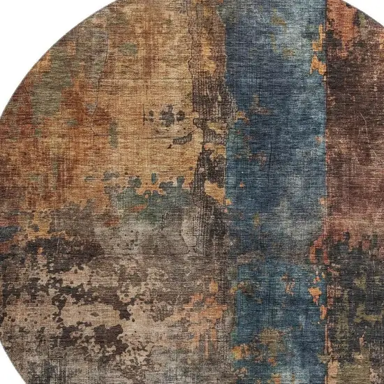 8' Blue Copper And Gray Abstract Washable Round Rug With UV Protection Photo 2