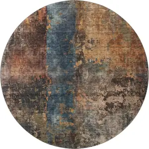 Photo of 8' Blue Copper And Gray Abstract Washable Round Rug With UV Protection