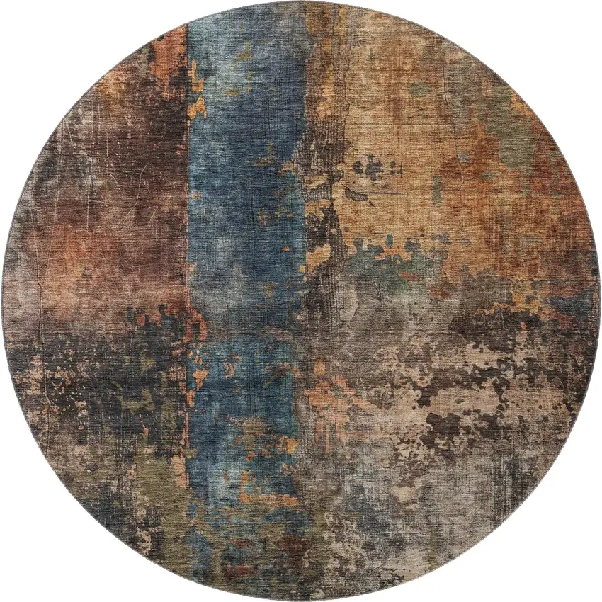 8' Blue Copper And Gray Abstract Washable Round Rug With UV Protection Photo 3