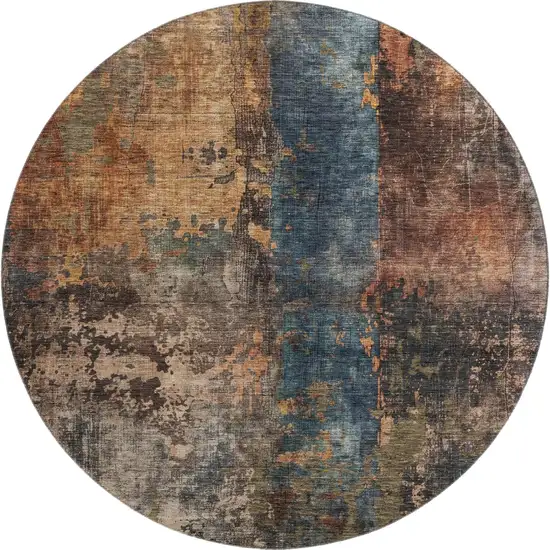 8' Blue Copper And Gray Abstract Washable Round Rug With UV Protection Photo 1