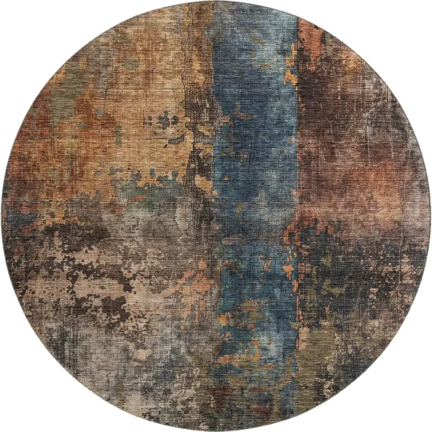 8' Blue Copper And Gray Abstract Washable Round Rug With UV Protection Photo 1