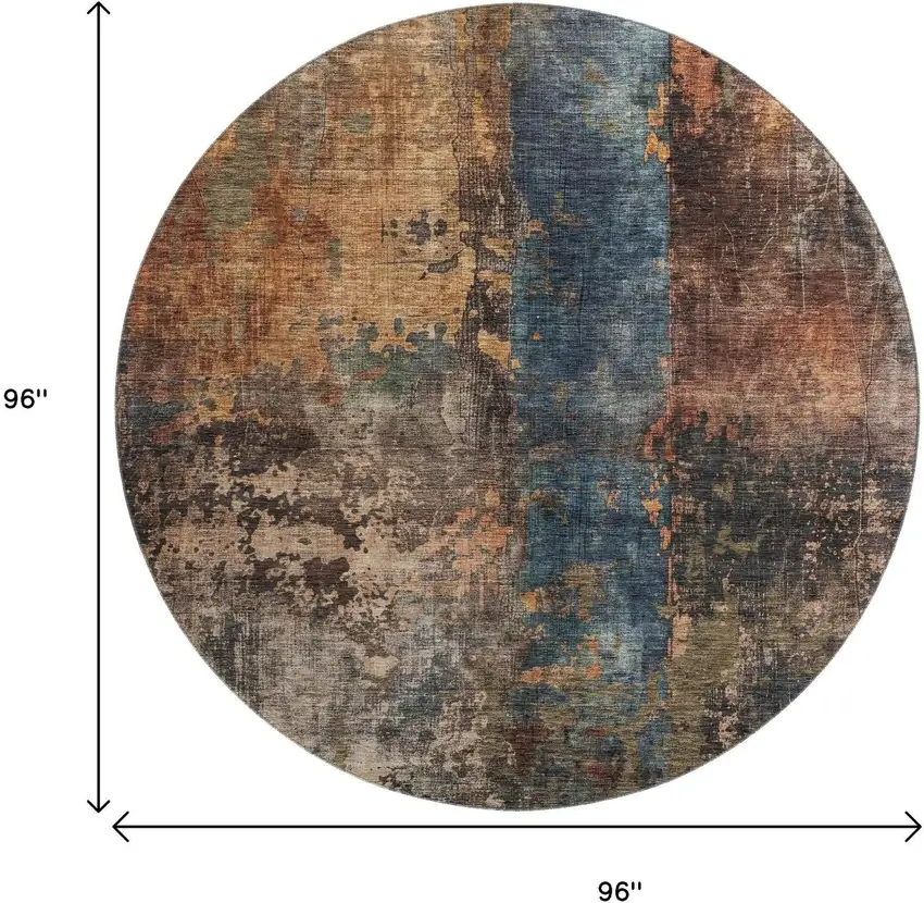 8' Blue Copper And Gray Abstract Washable Round Rug With UV Protection Photo 9
