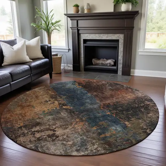 8' Blue Copper And Gray Abstract Washable Round Rug With UV Protection Photo 4